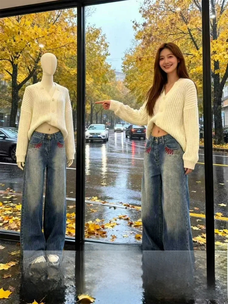 

Свободные широкие джинсы с вышивкой в стиле ретро, женские осенне-зимние новые джинсовые брюки с высокой талией Sle Pear ape Body ket