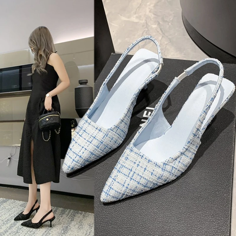 

Sea Salt Blue Pointed High Heel Sandals for Women Back Hollow Half Headed Single Shoes Fashion Versatile Casual Shoes pantuflas