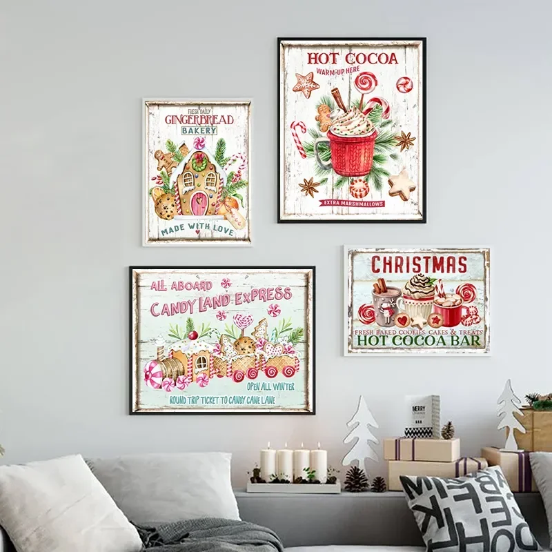 Kitchen Christmas Wall Art Print Hot Chocolate Candyland Express Gingerbread Bakery Sign Poster Vintage Canvas Painting Decor