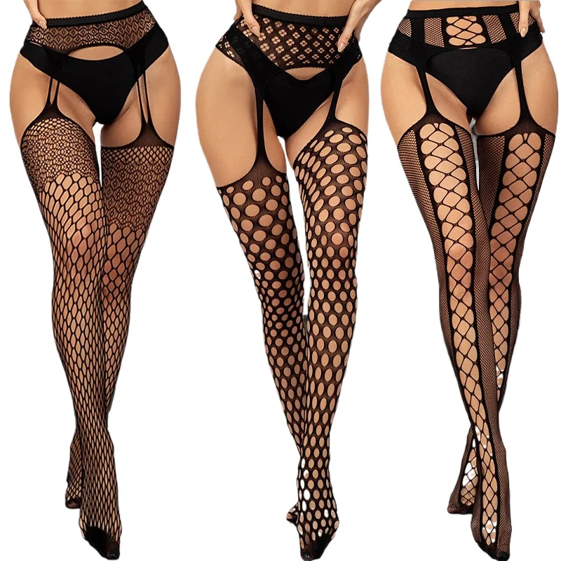 

Черные эластичные чулки-стринги с подвязками, эротическое белье, женские сетчатые чулки без шва, чулки-сетка с открытым кроем