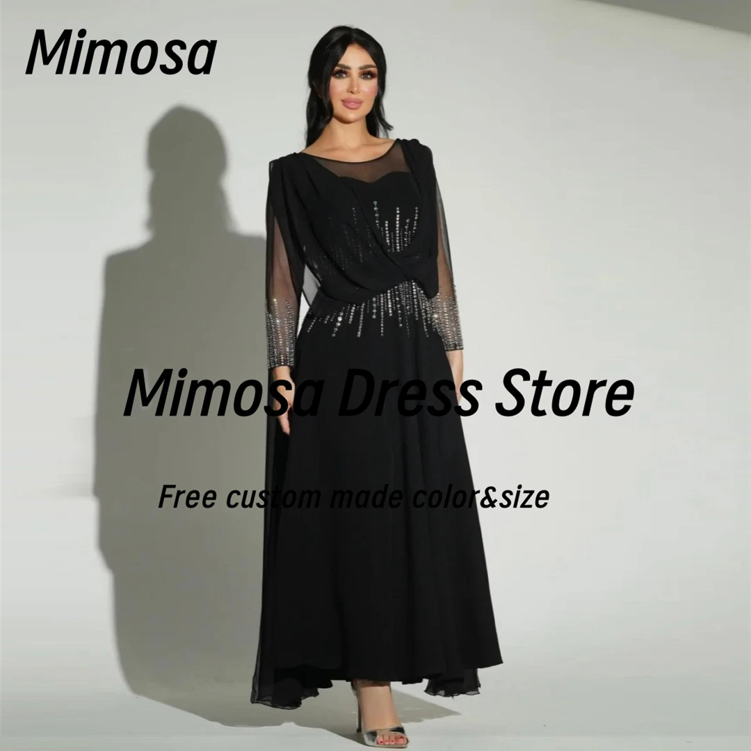 Mimosa Black Chiffon Prom Dresses Handmade Beading Long Sleeves Evening Gowns Zipper Back Formal Occasion Dress Customized