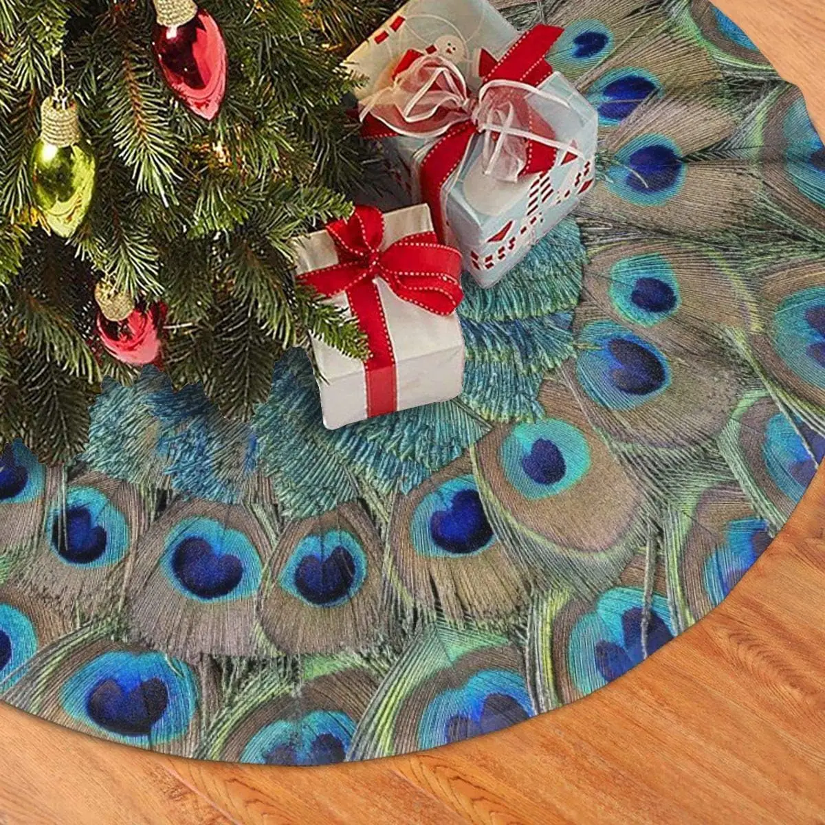 Christmas Tree Skirt Peacock Feather Meditation Boho Mandala Xmas Holiday Party Supplies Large Tree Mat Decor for Home Ornaments