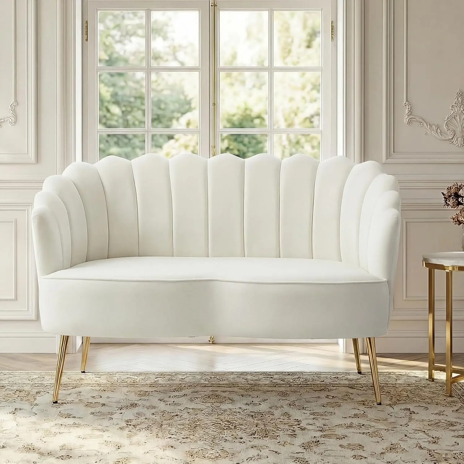 Velvet Loveseat Sofa Gold Metal Legs Flower Back 2-Seater Accent Couch Living Room Bedroom Leisure Ivory, Customized