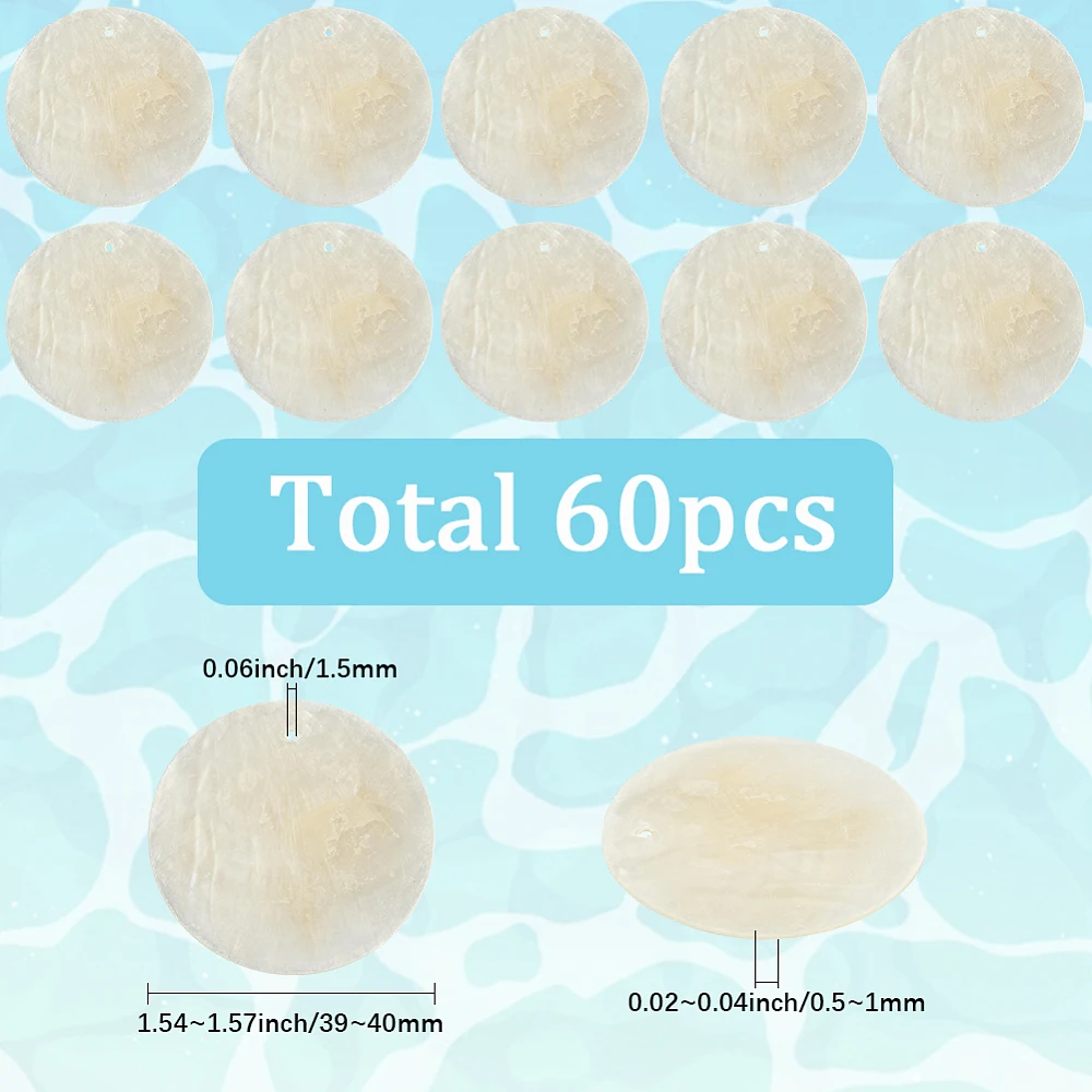 1 Box 60Pcs Capiz Shell Charm Mother of Pearl Shell Charms Bulk 4cm White Summer Ocean Beach Hawaii Flat Round Disc Seashell