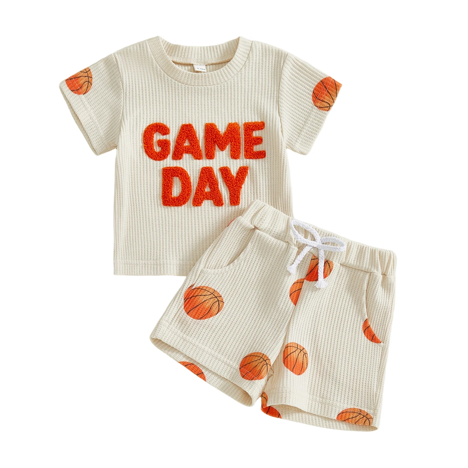 

Baby Boys 2 Piece Outfits Summer Short Sleeve Round Neck Basketball Letter Pattern Waffle Tops and Shorts Set