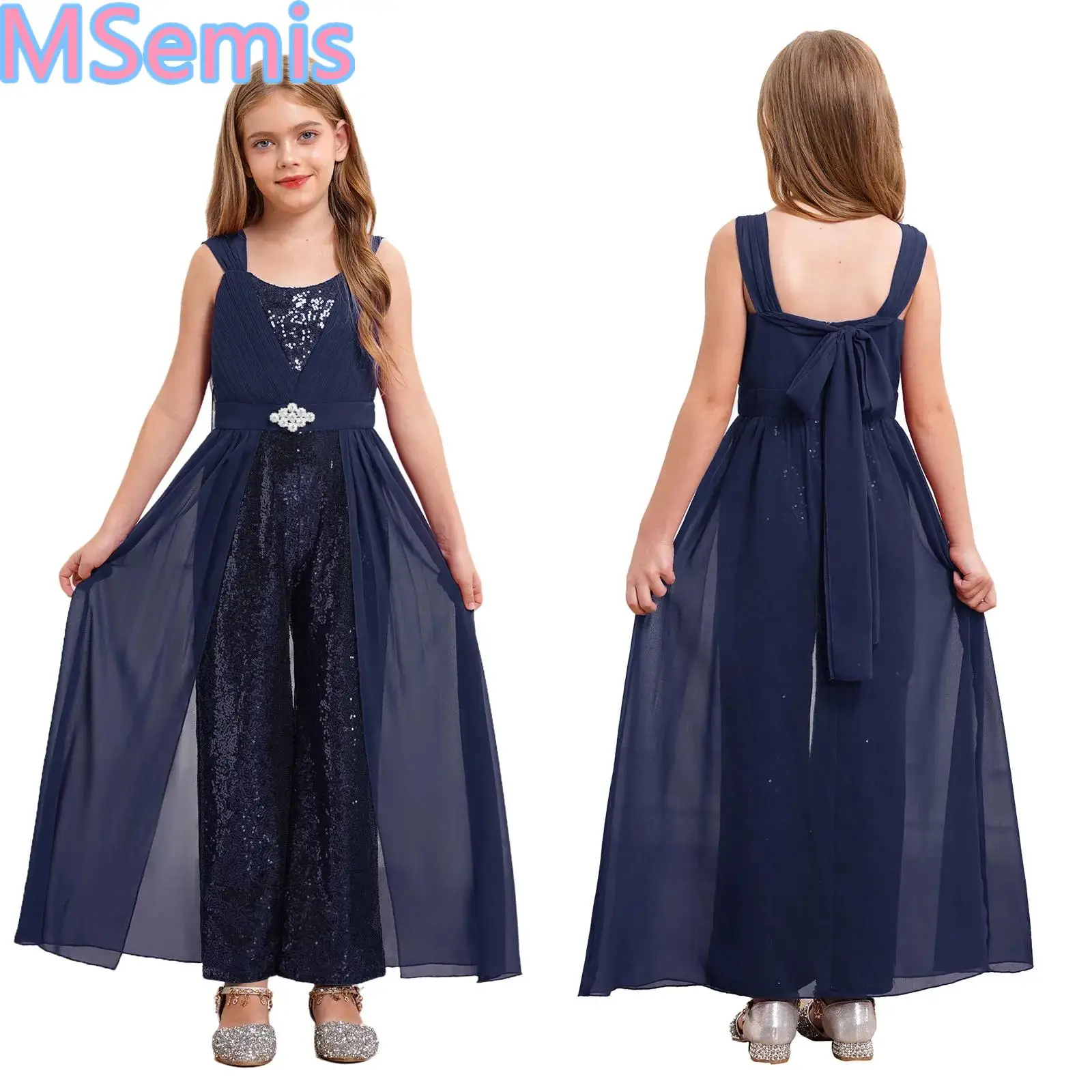 

Kids Girls Chiffon Jumpsuit Sparkly Sequin Ruffled High Waist Wide Leg Backless Jumpsuit for Banquet Pageant Graduation Prom