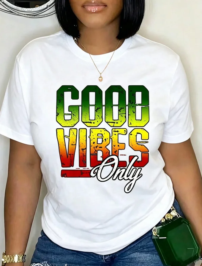 2026 Fashion New Women Crew Neck Black T Shirt Good Vibes Text Print Casual Cotton Regular Fit Basic Top Tee