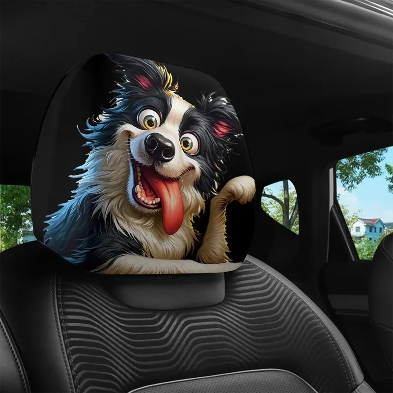 2pcs Cartoon-Style Border Collie Print  Headrest Covers, Vehicle Decor, Easy To Install and Wash