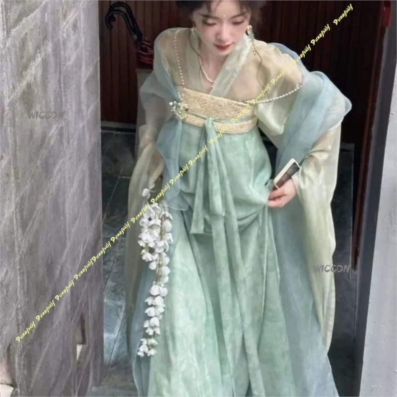

Китайский костюм ханьфу для косплея, блузка длиной до груди, юбка для девочек, зеленое голубое шифоновое пальто на весну и лето, платье на Рождество, Хэллоуин
