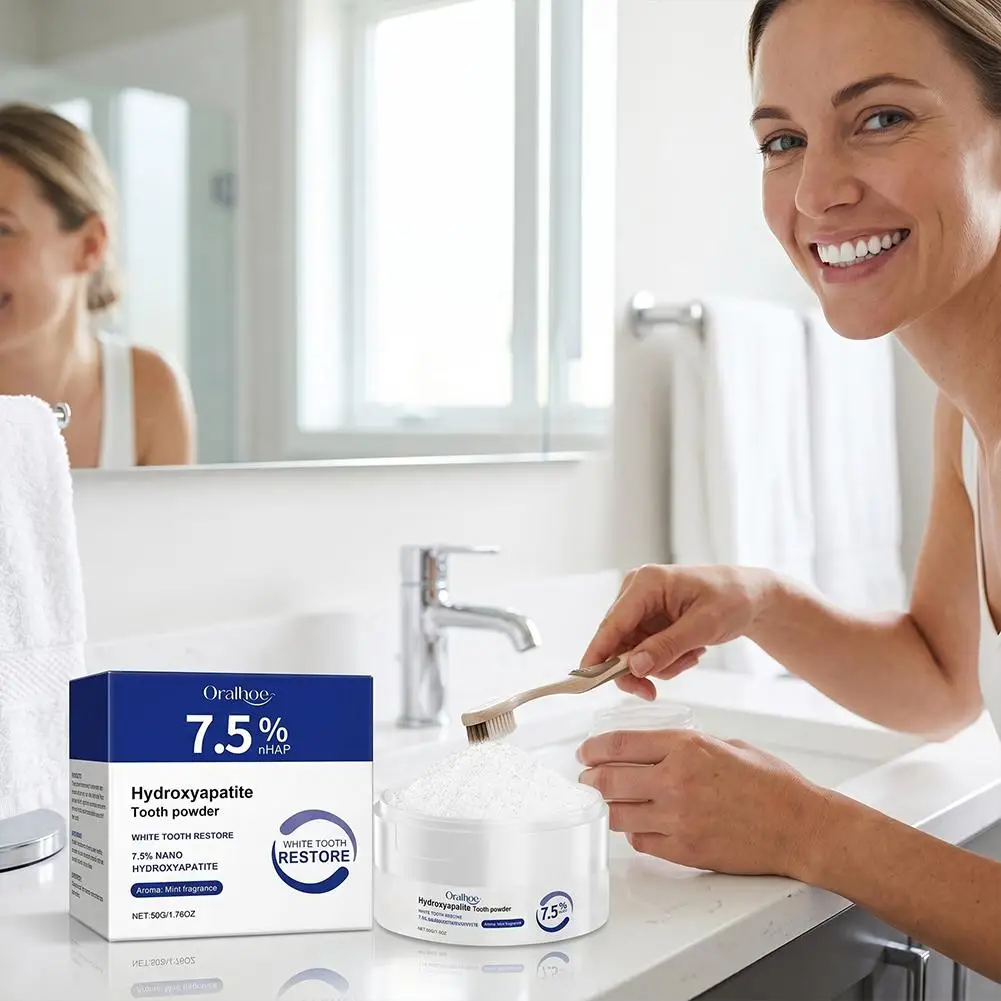 Polvo Blanqueador Dental Oralhoe de 50g Sin Flúor, Limpieza Profunda, Elimina Manchas Amarillas, Repara el Esmalte, Refr