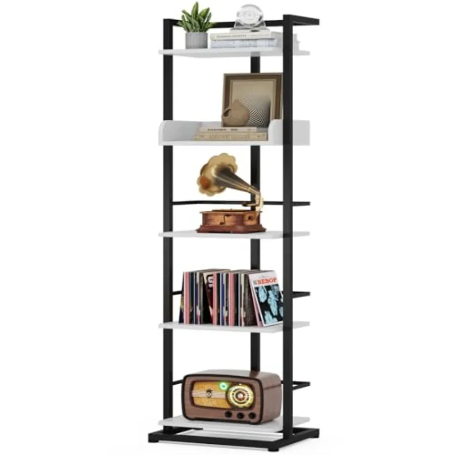 

Book Shelf Tall Bookshelf: 5 Tier Wood Bookcase with Metal Edge Protection Industrial Narrow Bookshelf Corner Storage Organizer