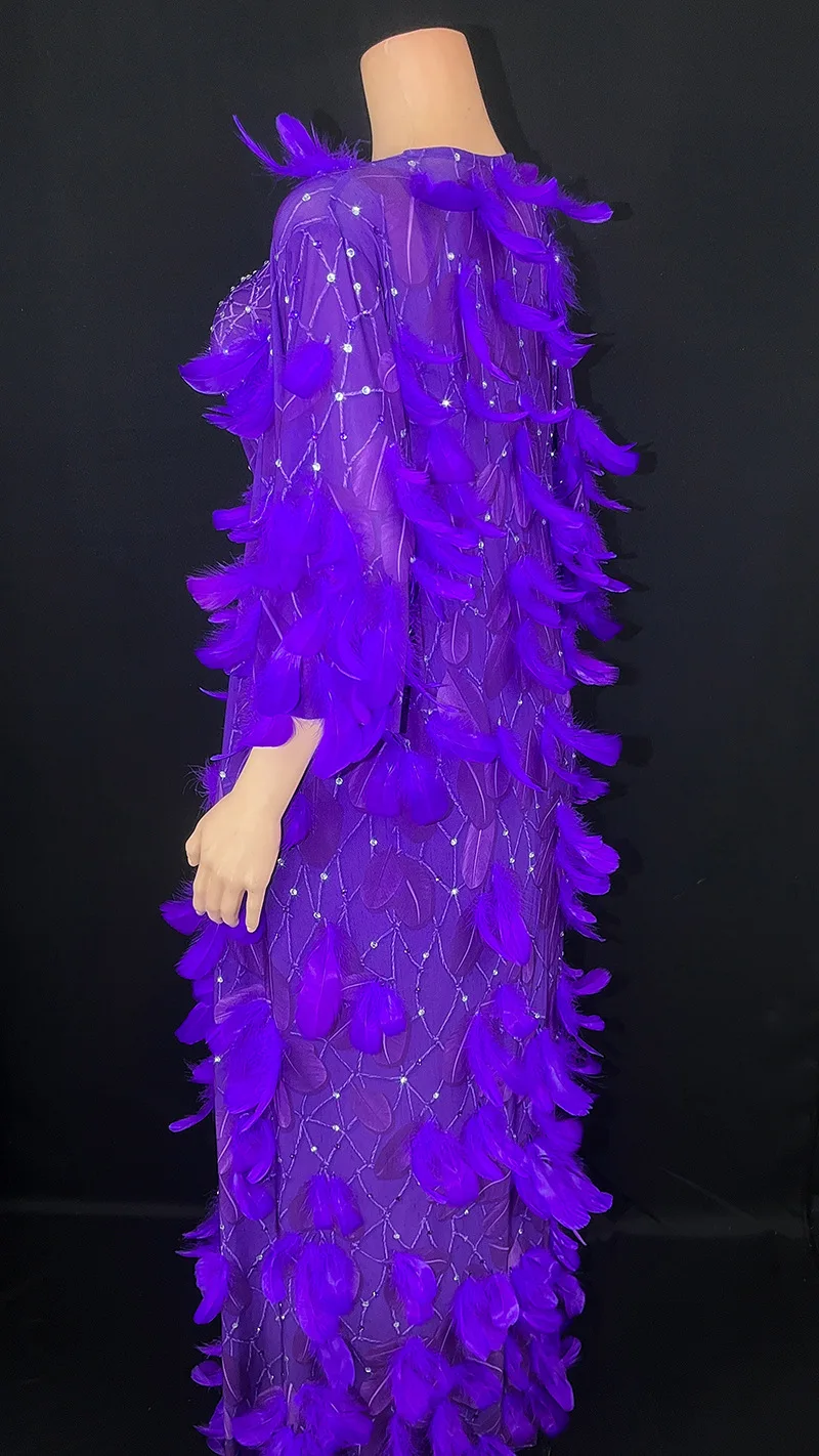 Robe de soirée serrée à manches courtes avec pompons en plumes personnalisés, manteau adt transparent, maille en dentelle, perle sexy, performance sur scène, nouveau