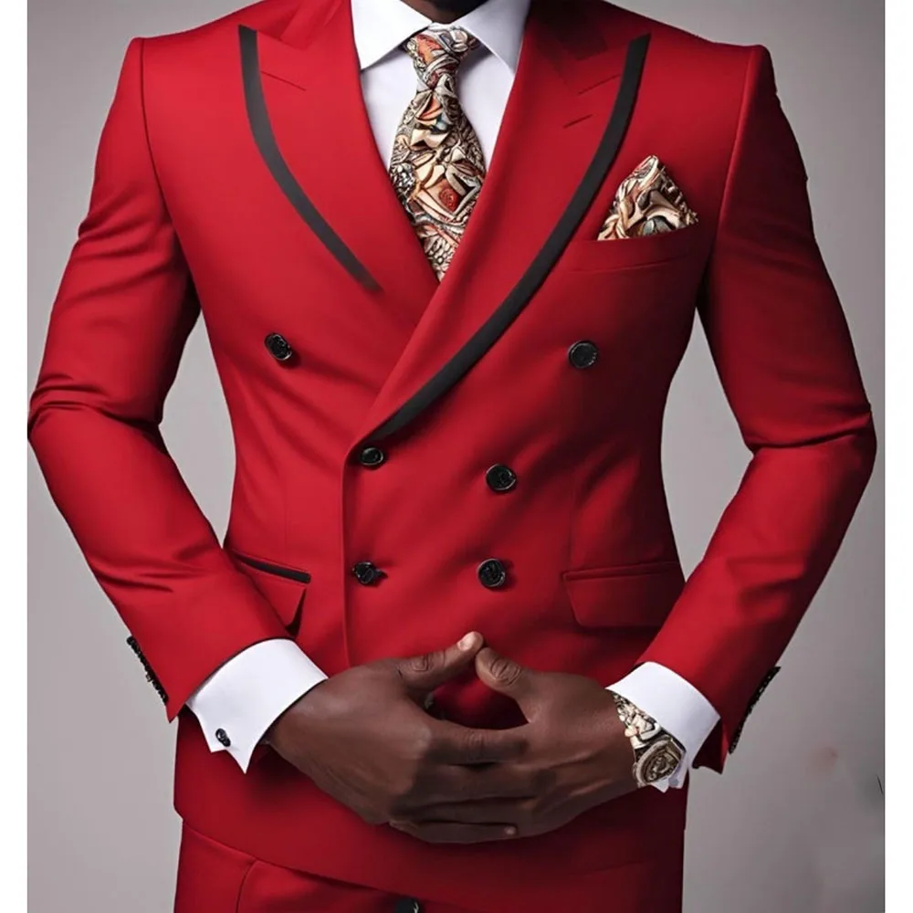 Fashion Red Men Suits Double Breasted Peak Lapel Slim Fit Full Sets Prom Party Bespoke 2 Piece Jacket Pants Costume Homme 2024