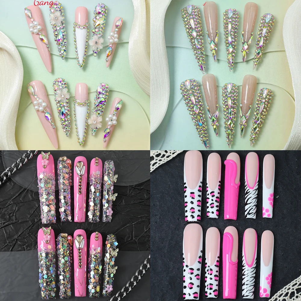 

Handmade Xl Long Square Stiletto Press On Nails Spice Girl Leopard Print Butterfly Flower Pearl Diamond Wearable False Nail