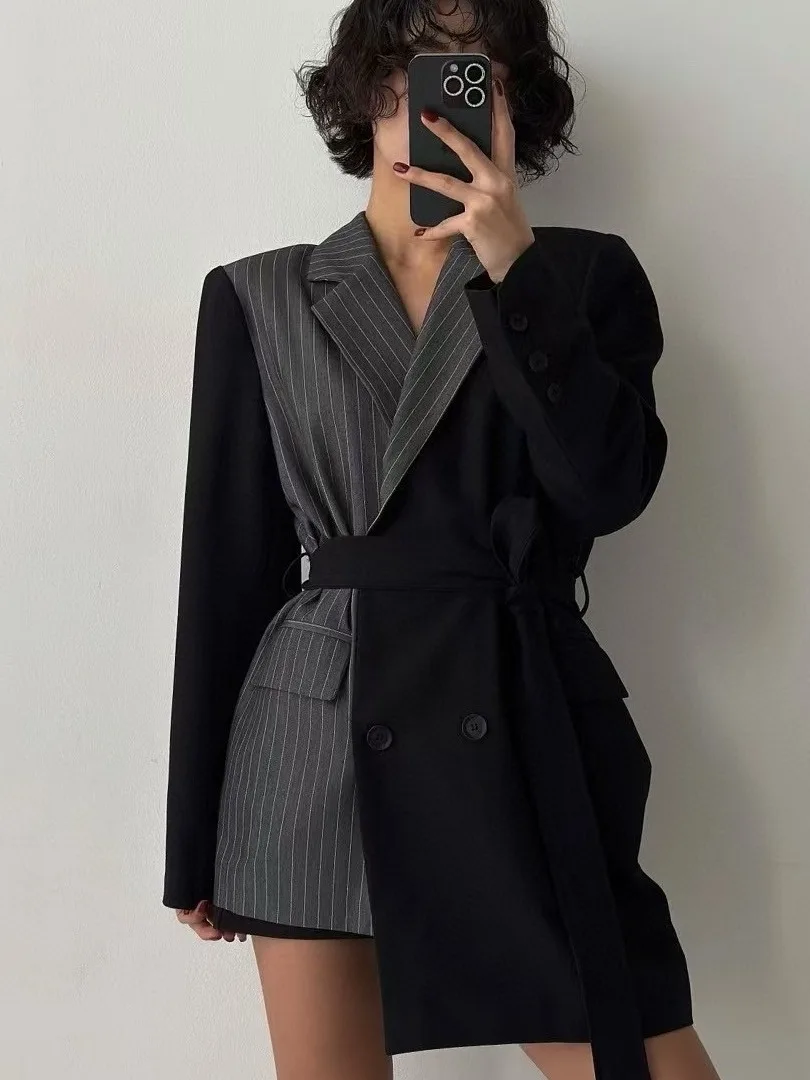 Retro Elegancja Asymetryczny Żakiet z Paskiem Damski Koreański Styl Elegancki Modny Do Pracy