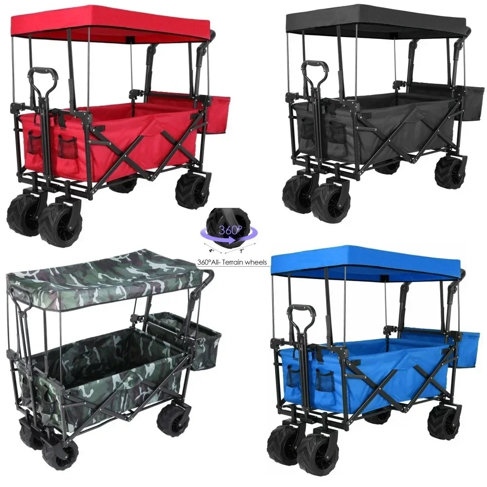 Large Collapsible Garden Cart/Wagon with Removable Canopy, 115kg Capacity Push& Pull Utility Cart with Rear Storage,600D Oxfort