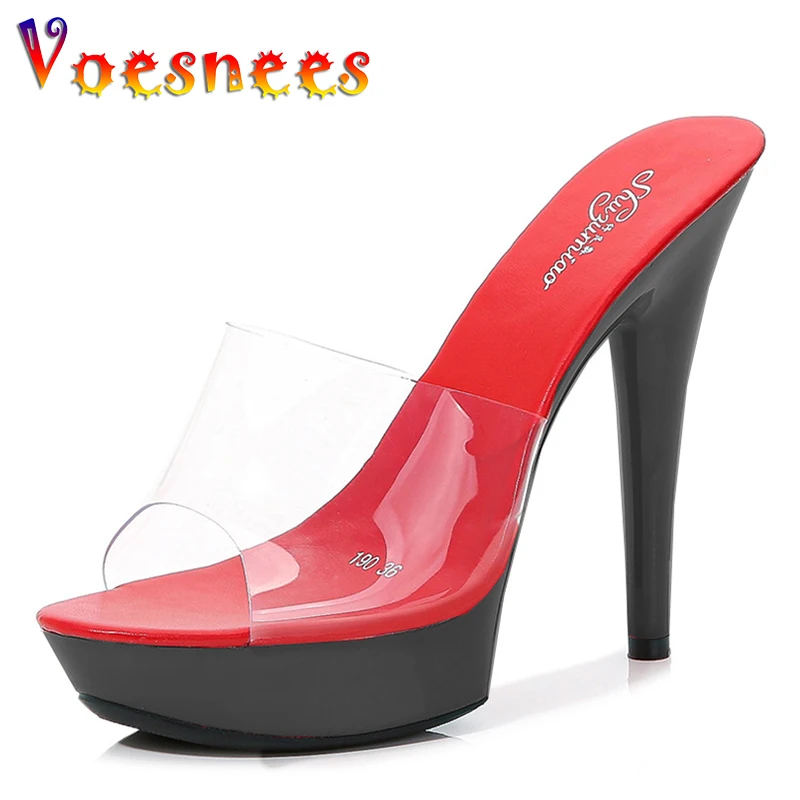 Stripper Heels Slipper female SANDAL WOMAN Summer PVC Slides Waterproof 13cm Thick Bottomed Nightclub Sexy High-heeled  Platform