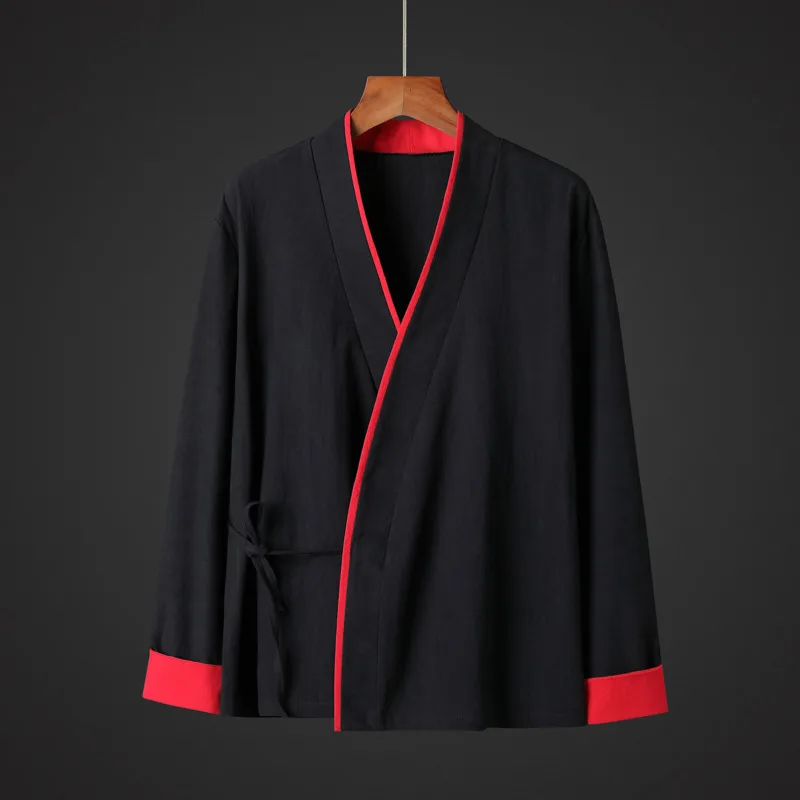 

#4245 Black Red Blue Khaki Vintage Cotton Linen Jacket Men Chinese Style Kimono Jacket Cardigan V-neck Spliced Color Plus Size