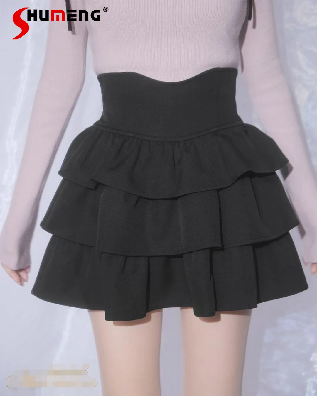 

Japanese Mine Style Simple Versatile All-match Skirts High Waist Slim Fit Leg-Shaping Black Big Hemline Cake Mini Skirt Women