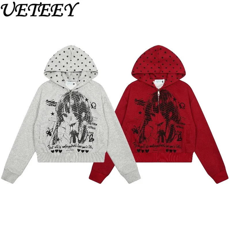 Sweet Anime Girl Cartoon Print Hooded Sweatshirt Jacket for Women Spring and Autumn Slim Fit Versatile Zipper Short Hoodies