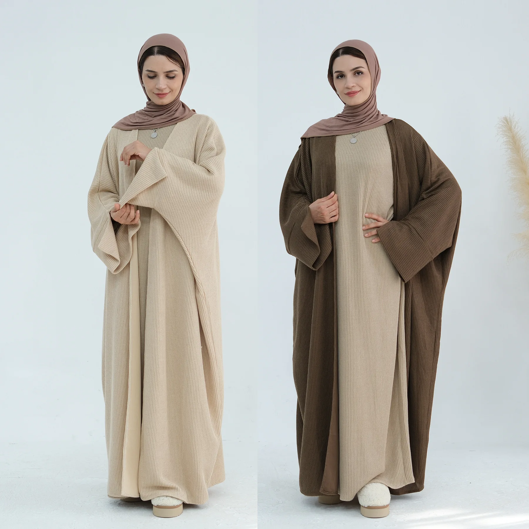 Femme Musulmane ถักเสื้อสเวตเตอร์ถักผู้หญิงมุสลิมเปิด Abaya ตุรกี Kaftan Eid อิสลามเสื้อผ้าดูไบ Abayas ชุดกิโมโน Jalabiya ชุด Robe