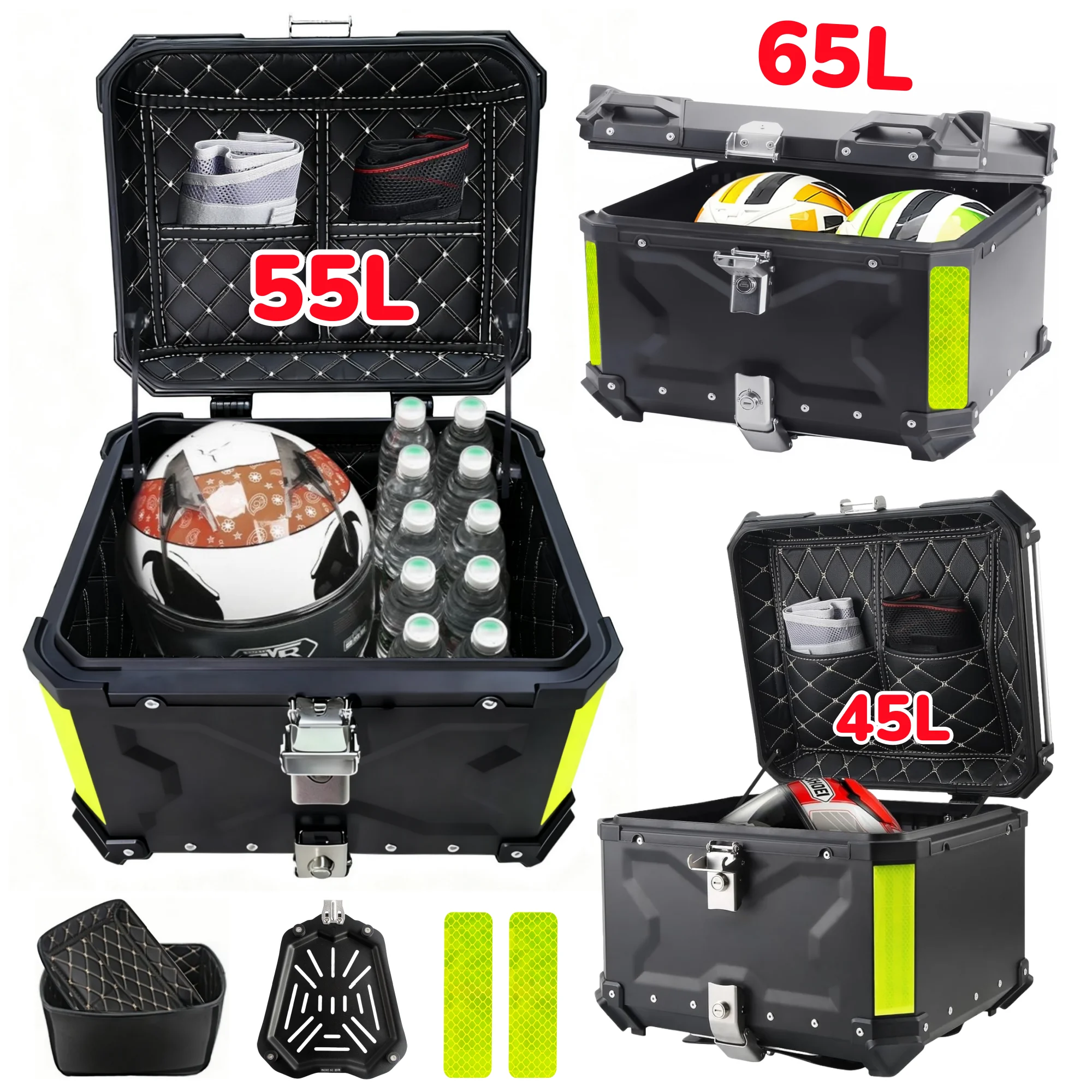 45L,55L,65L Custodia superiore per moto in alluminio Scatola per casco Scatola per bagagliaio per moto impermeabile Scatola per bagagli posteriore Cassetta degli attrezzi a sgancio rapido