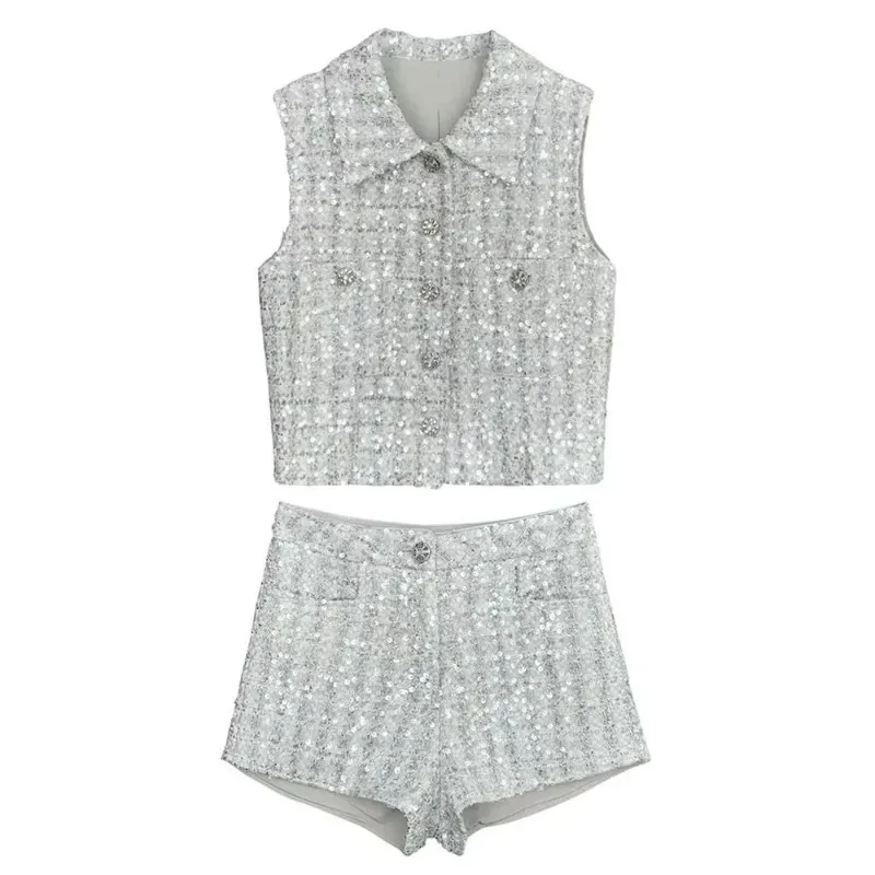 Celebrity Temperament Sequin Sleeveless Vest Top Shorts Two-piece Set Women Lapel Single Breasted Spicy Sweet Slim Summer Suit