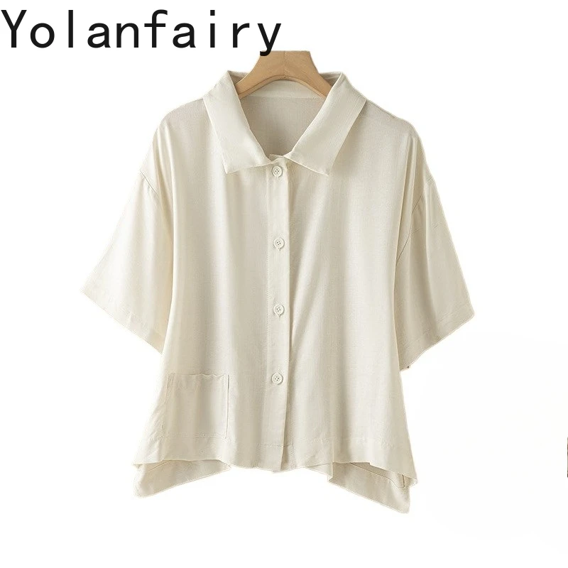 

YOLANFAIRY 70% шелковые рубашки из тутового шелкопряда и 30% хлопка для женщин, летние свободные блузки с коротким рукавом, элегантные белые рубашки с отложным воротником