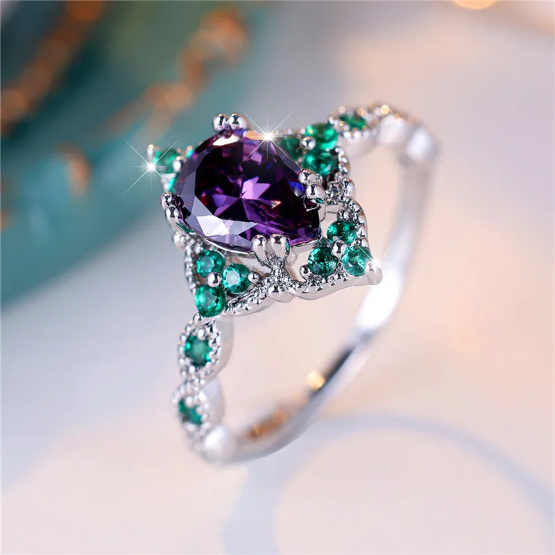 Cute Female Purple Zircon Stone Water Drop Ring Charm Silver Color Wedding Jewelry For Women