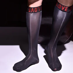 Bas College brillants à l'huile sexy pour hommes, chaussettes hautes au genou, bonneterie ultra-fine, extensible, mi-longue, transparente, bas d'été, 1 paire