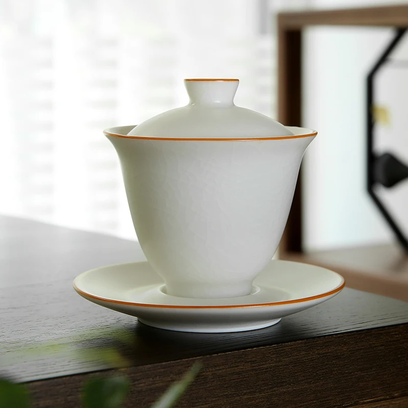 

Chunxuan Tang Ru-Kiln Gracked Glaze Supportable Tea Bowl Ivory White Ru-Porcelain Gaiwan Tea Brewing Bowl Kung Fu Tea Set