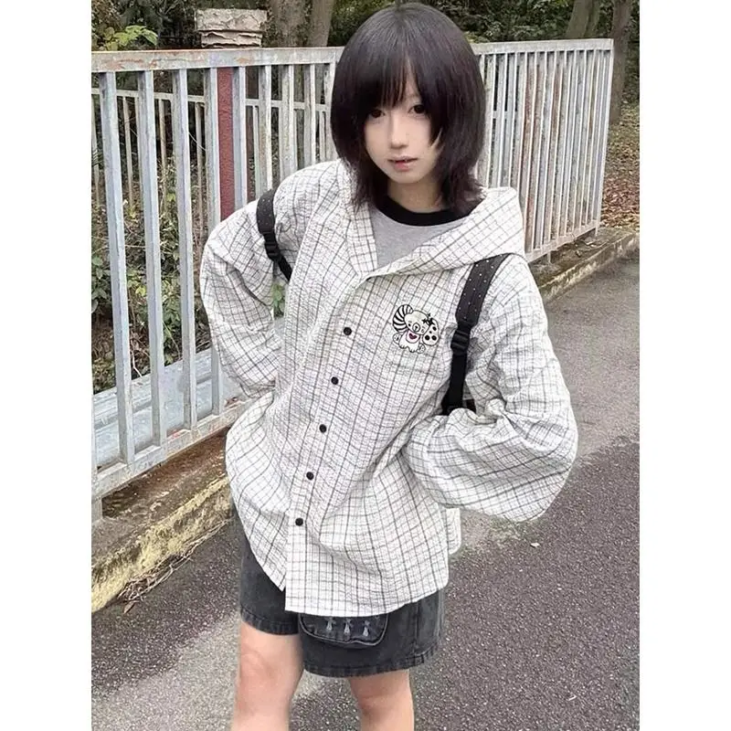 

Kimotimo Japanese Y2k Ear Hooded Plaid Shirt Women 2025 Autumn Embroidery Loose Single Breasted Tops Vintage Long Sleeve Blouse