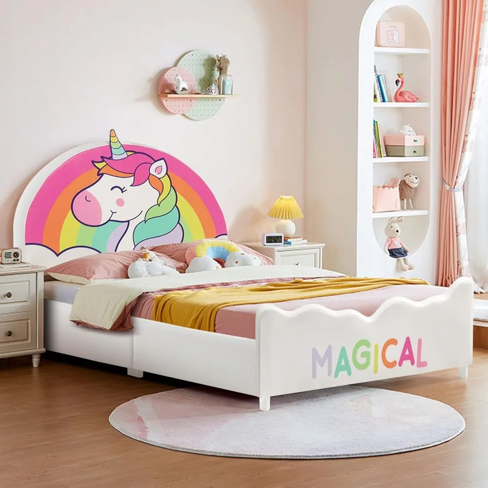 

Children's Double Bed Frame, Wooden Cushion with Flat Noodles Support, Padded Headboard and Footrest, Without Box Spring