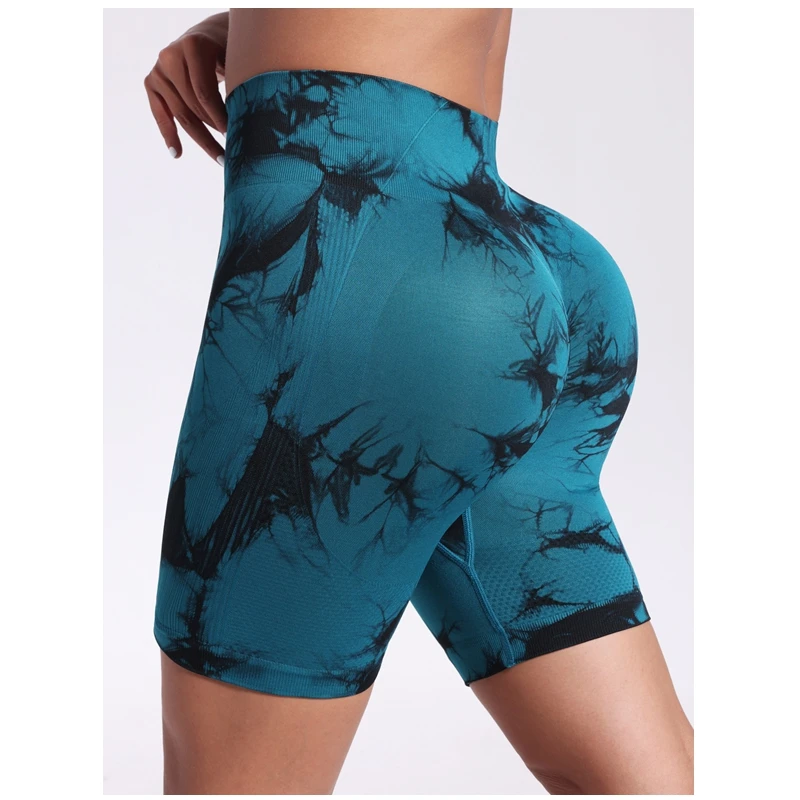 Short de Yoga sans couture pour femmes, teinture par nouage, taille haute, ventre, Fitness, sport, hanche pêche, pantalon à trois points