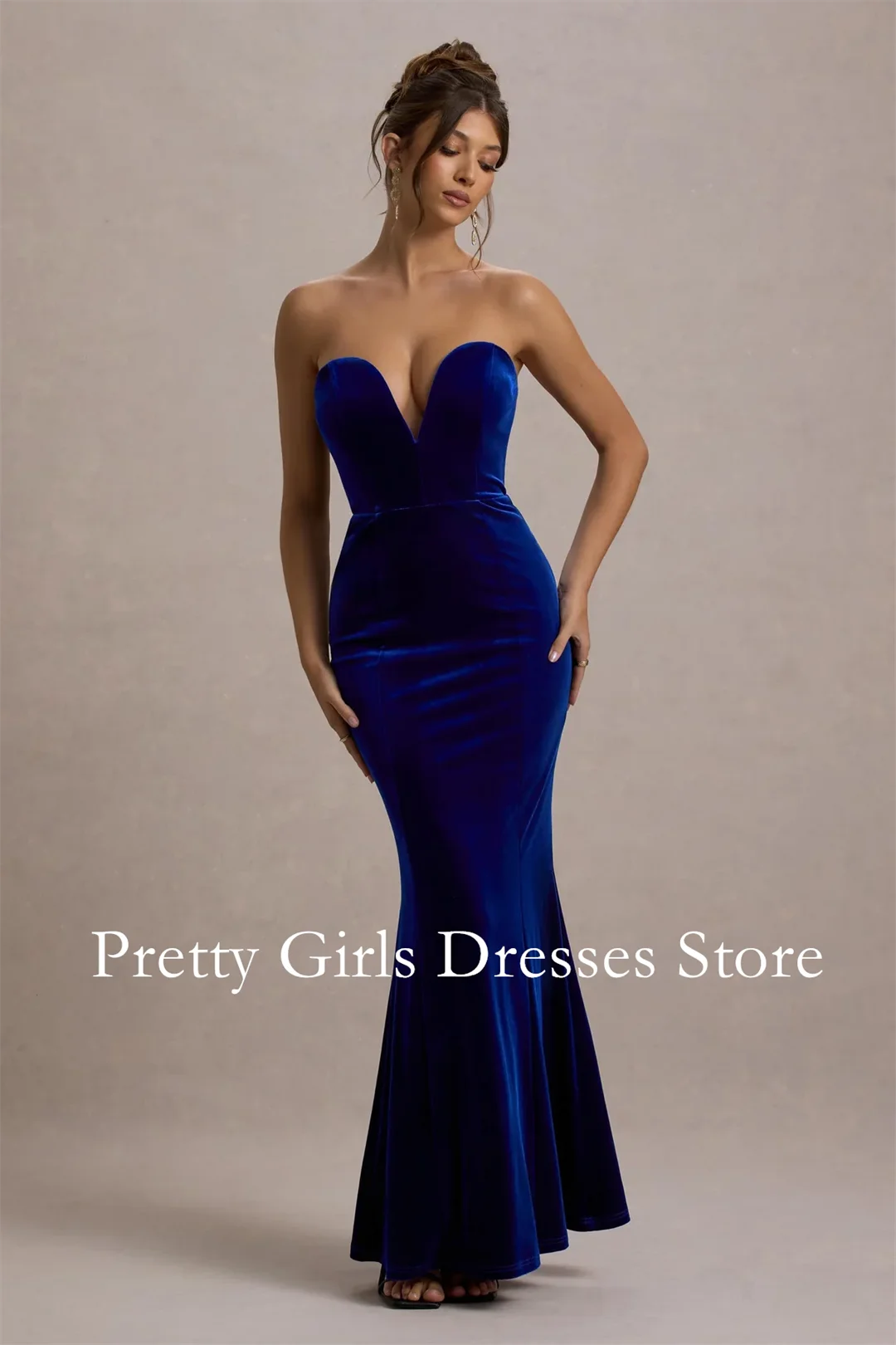 

Cobalt Velvet Plunge-Neck Strapless Maxi Dress Evening Dresses Customized Party Prom Gowns Formal vestidos de fiesta
