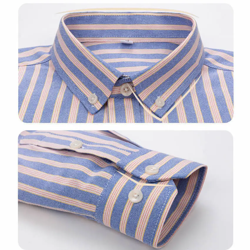 Camisa Oxford de manga larga para hombre, de Color sólido camisas azules, vestido de negocios informal, camisa a rayas a cuadros en el pecho, cuello abotonado