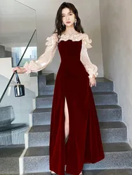 Autumn Ruffles Patchwork Evening Party Dress Long Sleeve Off Shoulder A-line High Split Wedding Prom Robe Women Vestidos Mujer