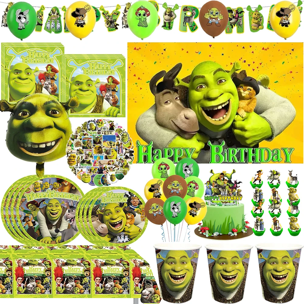Decoraciones para Fiesta de Cumpleaños de Monstruos y Shrek, Príncipe Donkey, Globos Verdes de Shrek, Platos, Vasos, Juego de Vajilla para Baby Shower, Regalos para Niños