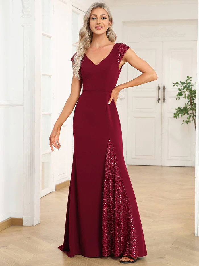 Ever Pretty 2024 Burgundy sleeveless Deep V Trail Sequin Fashion Fishtail Floor Length Evening Dress