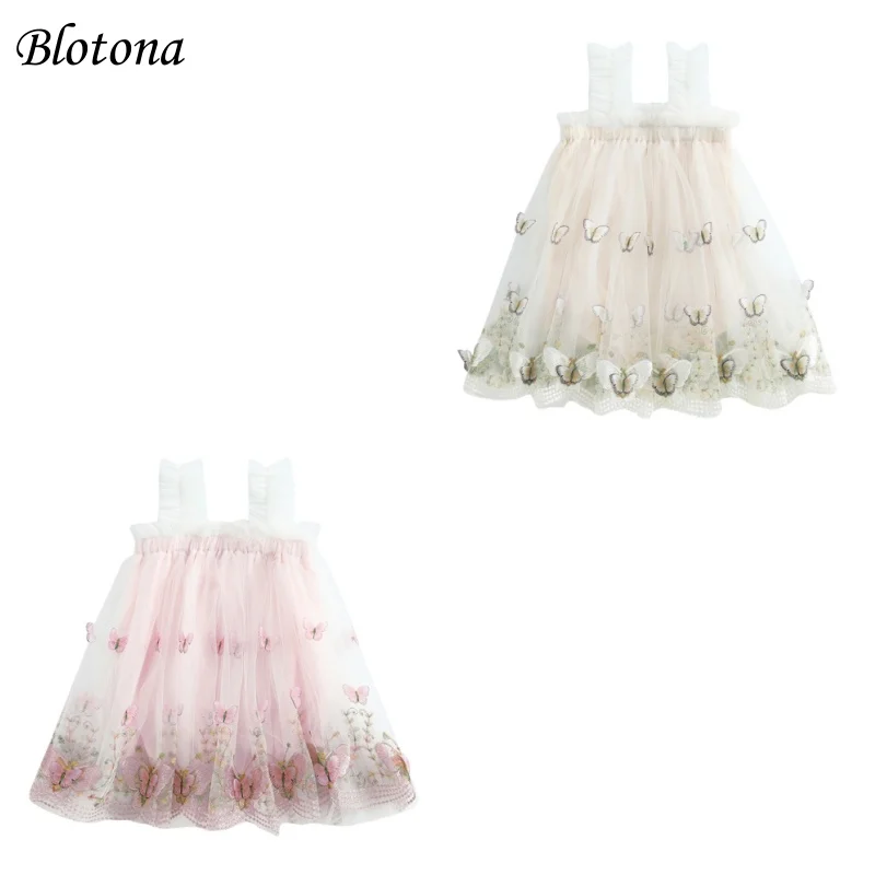 Blotona Baby Girls Summer Romper Dress Sleeveless Suspender Butterfly Embroidery Tulle Bodysuit