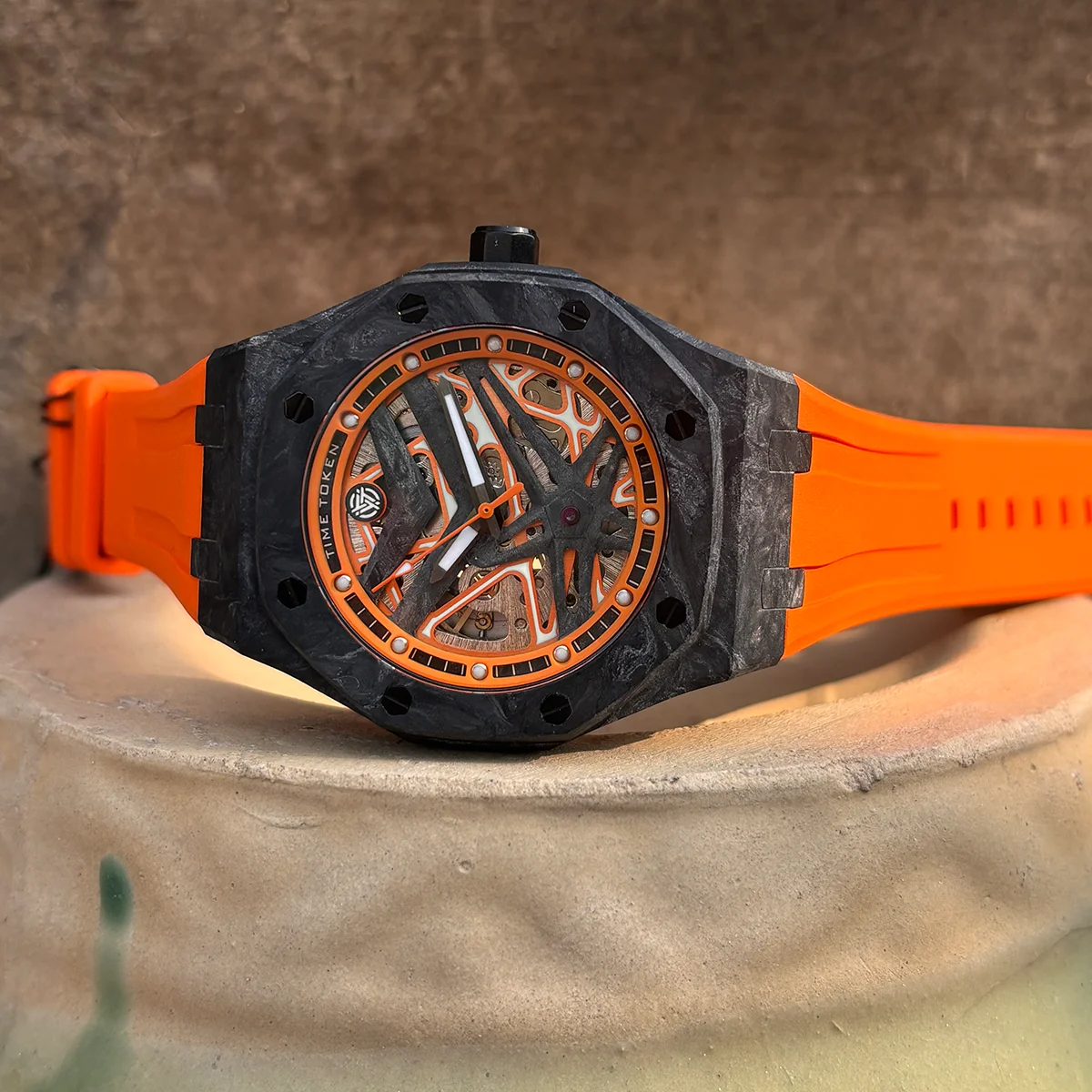 TIME TOKEN Skeleton Automatic Watch Men Carbon Fiber Octagon Case Luminous 5ATM Waterproof Orange Rubber Sport Watch T577