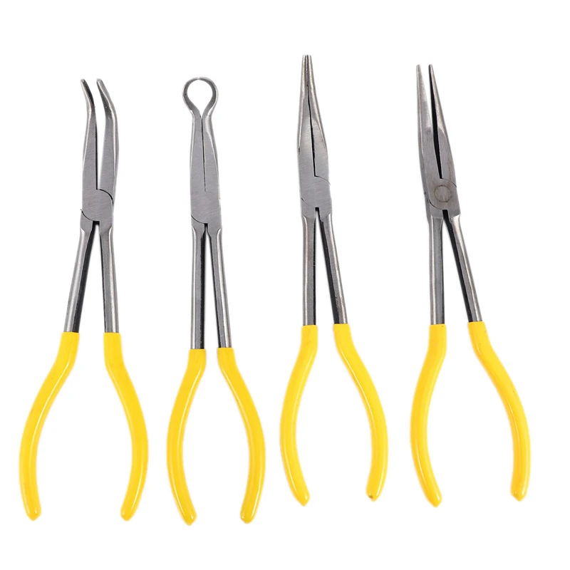 HOT SALE 4Pcs 11 Inch Extra Long Nose Pliers Set Straight Bent Tip Mechanic Equipment Hand Tools