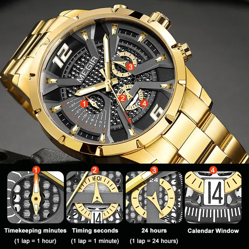 MEGIR Men Dress Quartz Watch Fashion Strap Waterproof Steel Strap Chronograph Analog Wristwatch Male Auto Date Luminous Hands