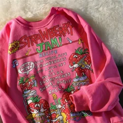 Kawaii Rose Red Cartoon Letter Print Sweatshirt Vintage Streetwear Fashion Tops 2021 New O-neck Casual Teens Clothes Goth Punk