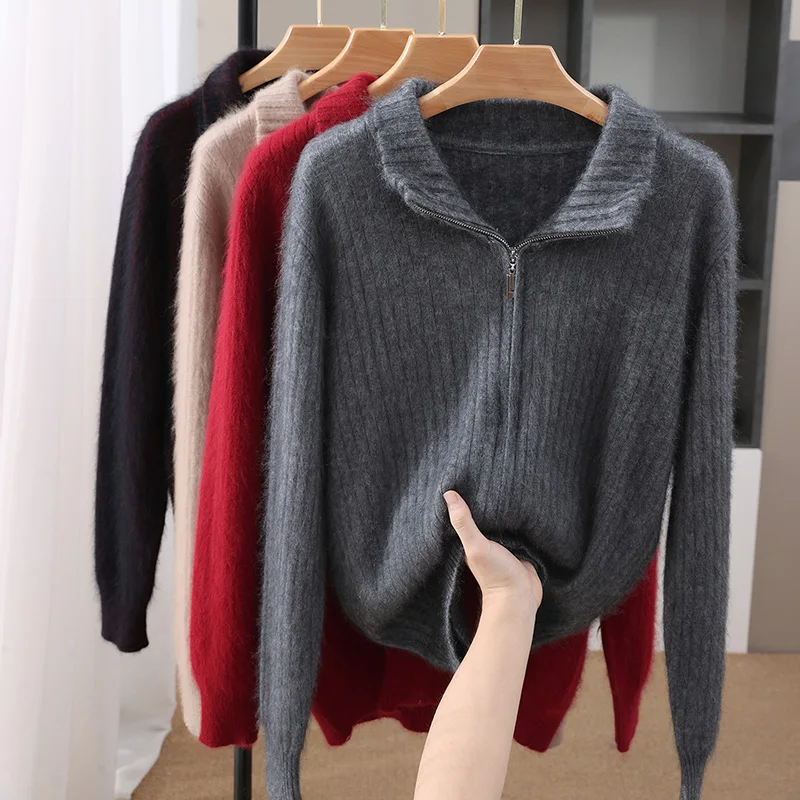 

Zippered Men Long Sleeve Knitwear Cardigan Sweater Autumn And Winter Mock-Neck 100% Mink Cashmere Warm Clothing Tops
