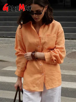 Spring White Women's Linen Shirt Long Sleeve Beautiful Blouses Elegant Basic Top Collar Yellow Blue Cotton Shirt for Women