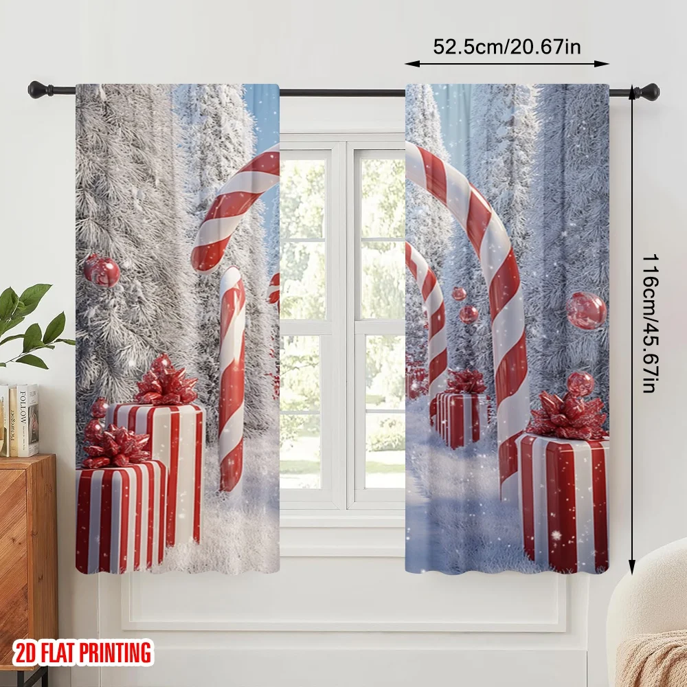 2pcs,2D plane printing Curtain Popular Candy Cane Arch Snow Winter (2) Polyester Fabric (without rod) Gifts Ldeal for Season