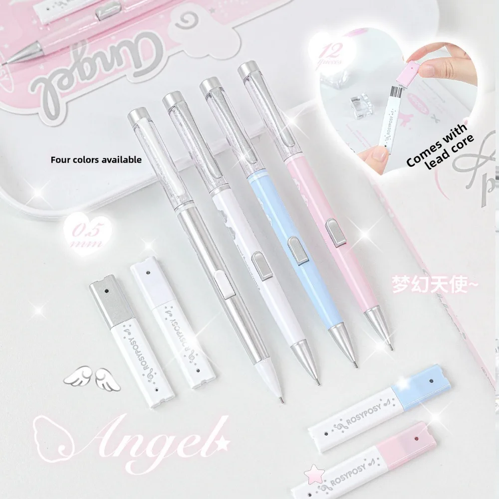 Angel Theme Automatic Pencil Set Girly Sparkling Crystal 05HB Lead Student Click Pencil Portable Stationery Combo Creative