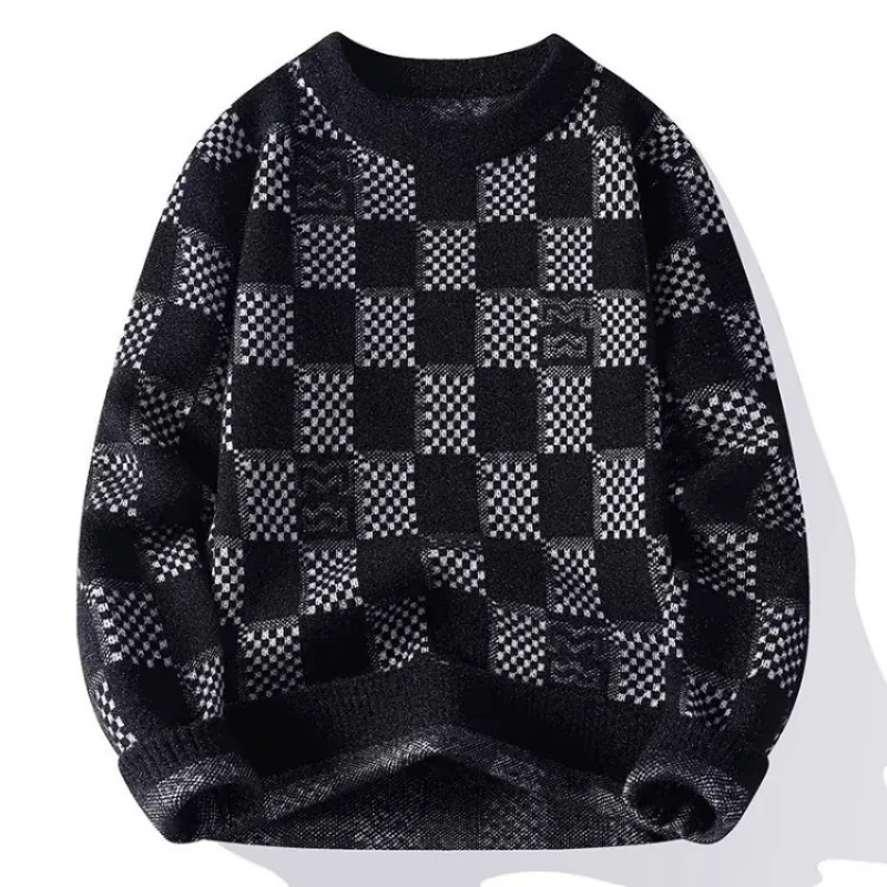 Maglione a quadretti per uomo autunno e inverno nuovo maglione lavorato a maglia jacquard di marca di moda con collo mezzo alto e strato inferiore