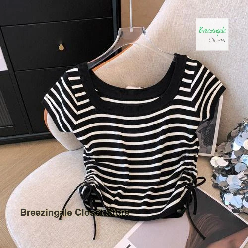 

French striped knitted short-sleeved T-shirt women's summer new fashion design short drawstring jacket square collar shirt